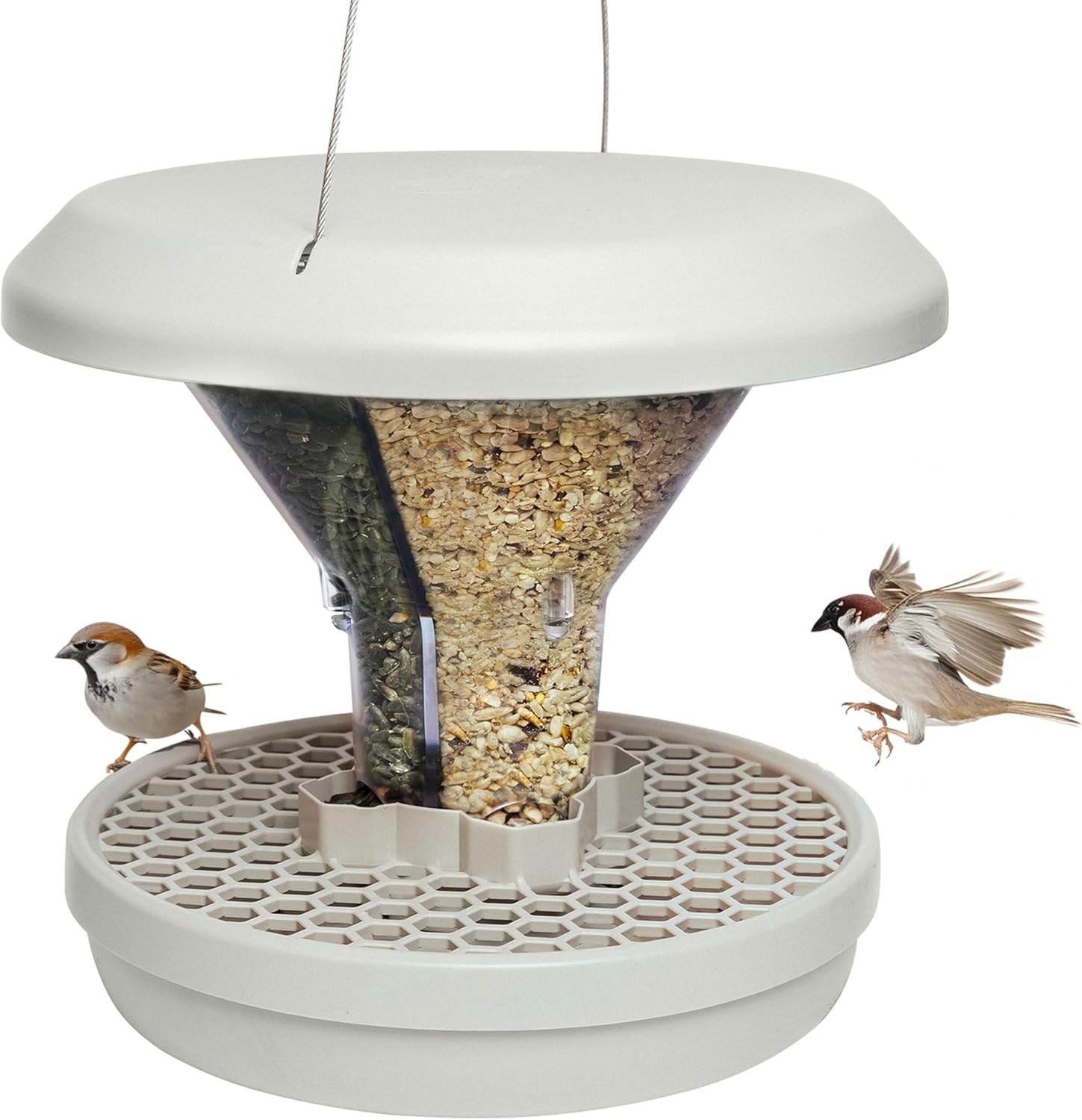 Mangeoire Oiseaux Extérieur à Suspendre - Davos Smart Birds - Anti Rats et Souris avec Plateau Récupérateur - Distributeur Graines pour Oiseaux Sauvages - Jardin et Balcon – Gris Clair Gris claire Davos