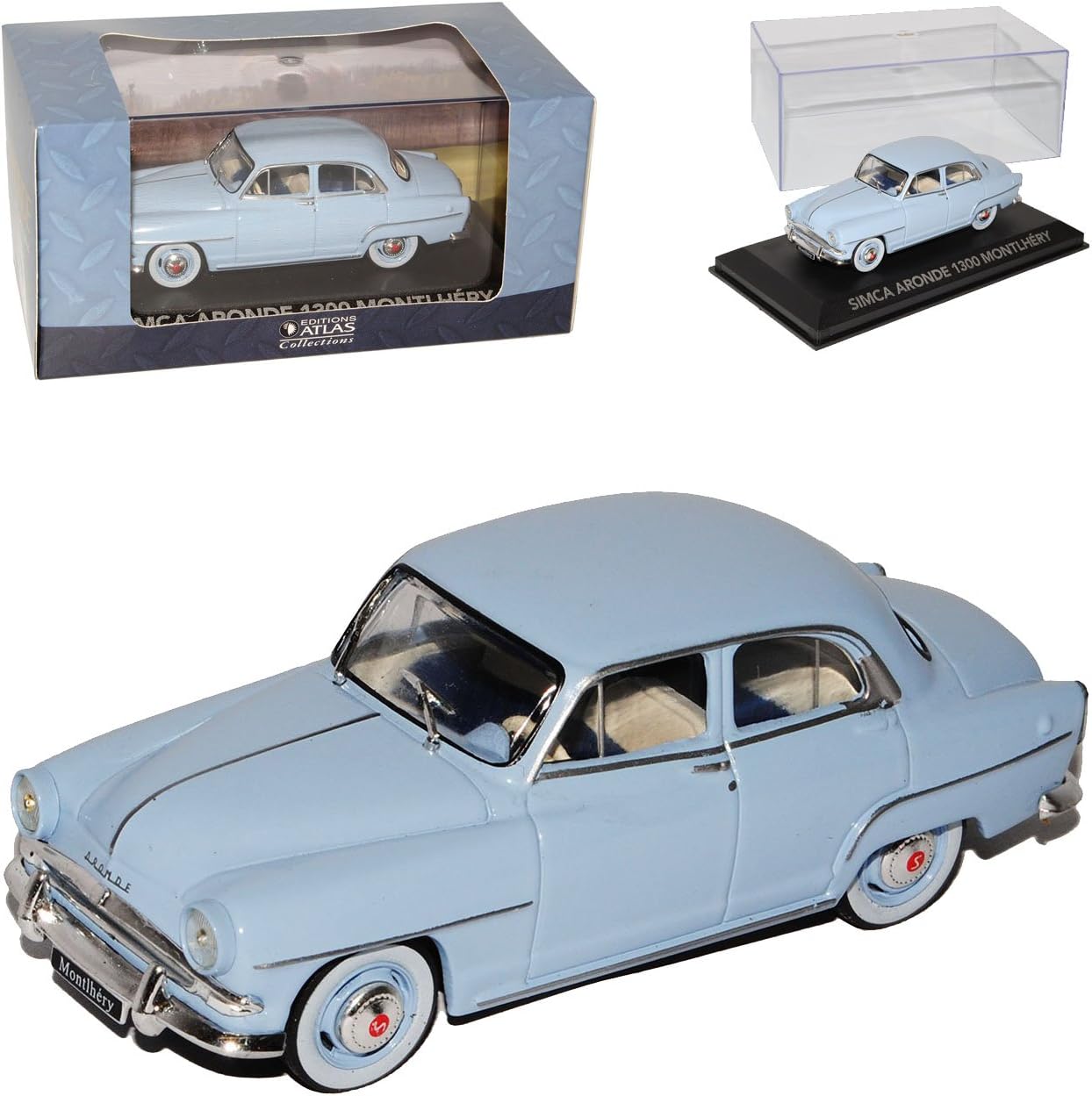 Atlas Simca Aronde 1300 Montlhery Limousine Blau Grau mit Sockel und Vitrine 1/43 Sonderangebot Modell Auto