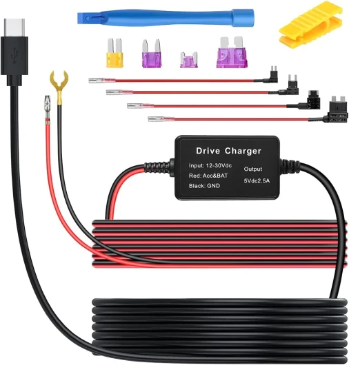 CGEAMDY Mini Type-C Câble Chargeur Voiture, Câble Alimentation Caméra Tableau Bord, 12V - 24V à 5V Cordon Alimentation Chargeur Caméra Embarquée, Kit Câblage pour Caméra Embarquée, pour Dash Cam