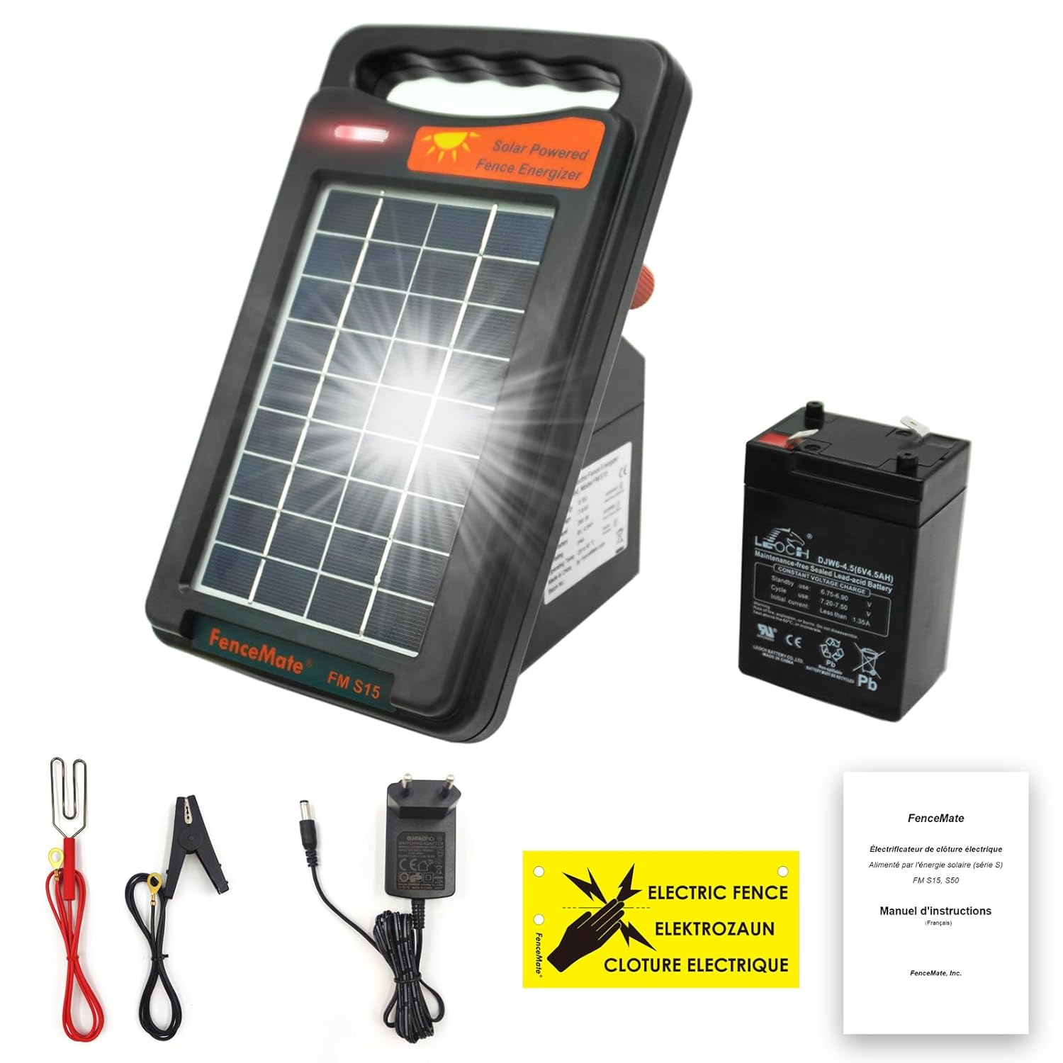 FenceMate Électrificateur Clôture Électrique Solaire, avec une sortie de 0.15 J jusqu'à 2 km, appareil portable pour élever des volailles ou des animaux domestiques