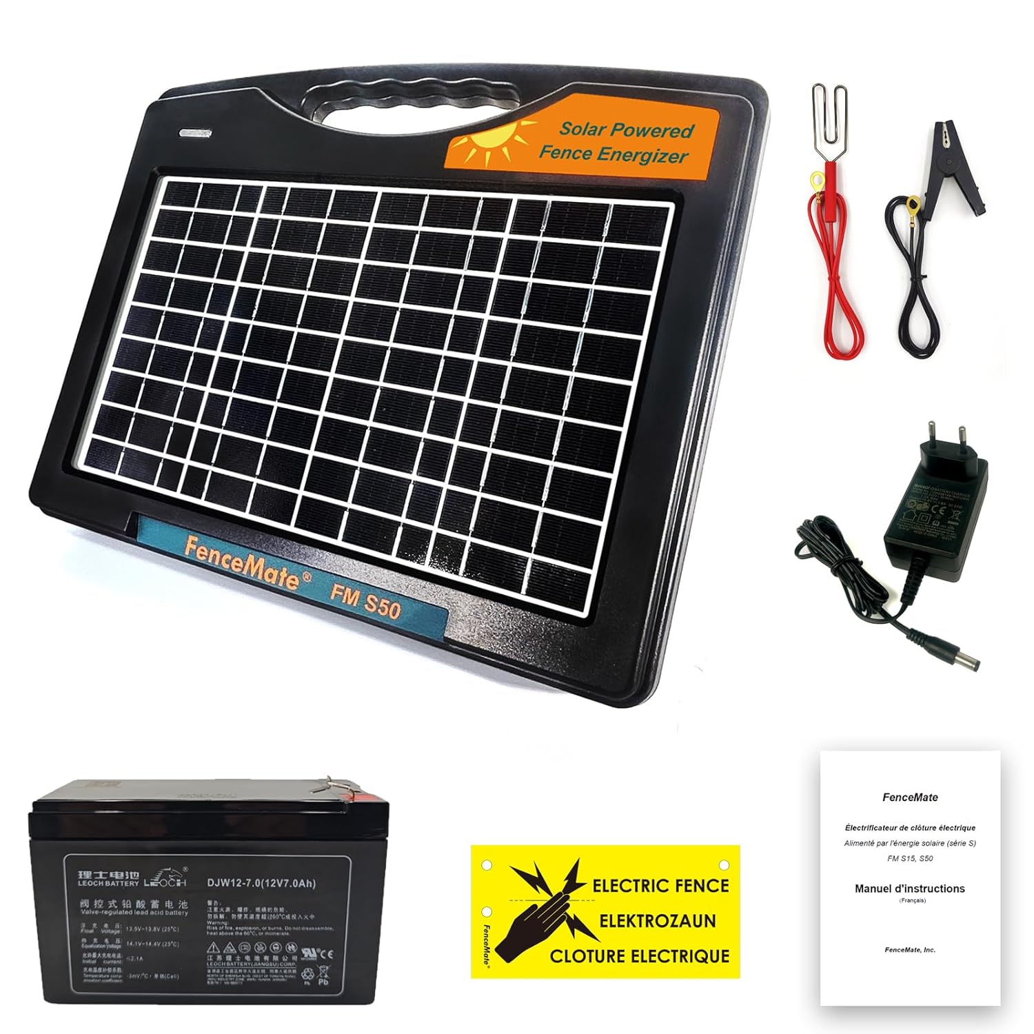 FenceMate Électrificateur Clôture Électrique Solaire, avec une sortie de 0.5 J jusqu'à 10 KM, appareil portable pour élever des volailles ou des animaux domestiques