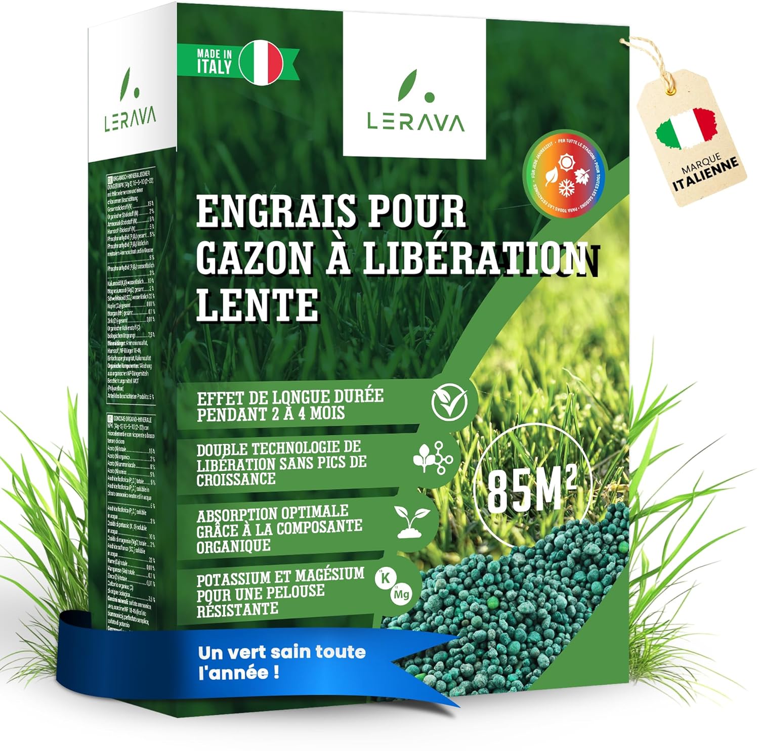 ® Engrais Gazon Longue Durée 1,7kg NPK Granulaire avec Azote à Libération Lente, Magnésium, Soufre et Microéléments – Fertilisant Haute Qualité pour Pelouses et Espaces Verts - engrais pelouse 1,7kg = 85m²