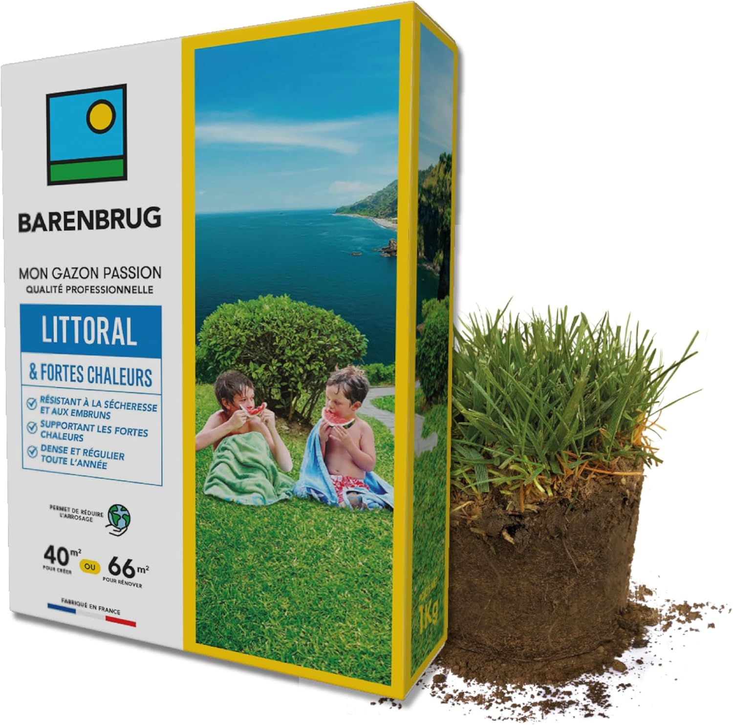 Gazon Littoral & Fortes chaleurs - Résistant Sécheresse et Embruns - Supportant Fortes Chaleurs - Dense et Régulier Toute l’Année - Permet de Réduire l'Arrosage - Fabriqué en France - 1KG 40m2 - 1 Kg