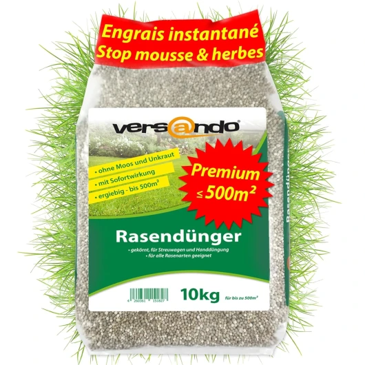Versando 10kg d'engrais gazon printemps été jusqu'à 500m²: repousse la mousse et les mauvaises herbes pour un gazon sain et bien vert Engrais de printemps à effet immédiat - qualité Premium 10kg Engrais gazon effet immédiat