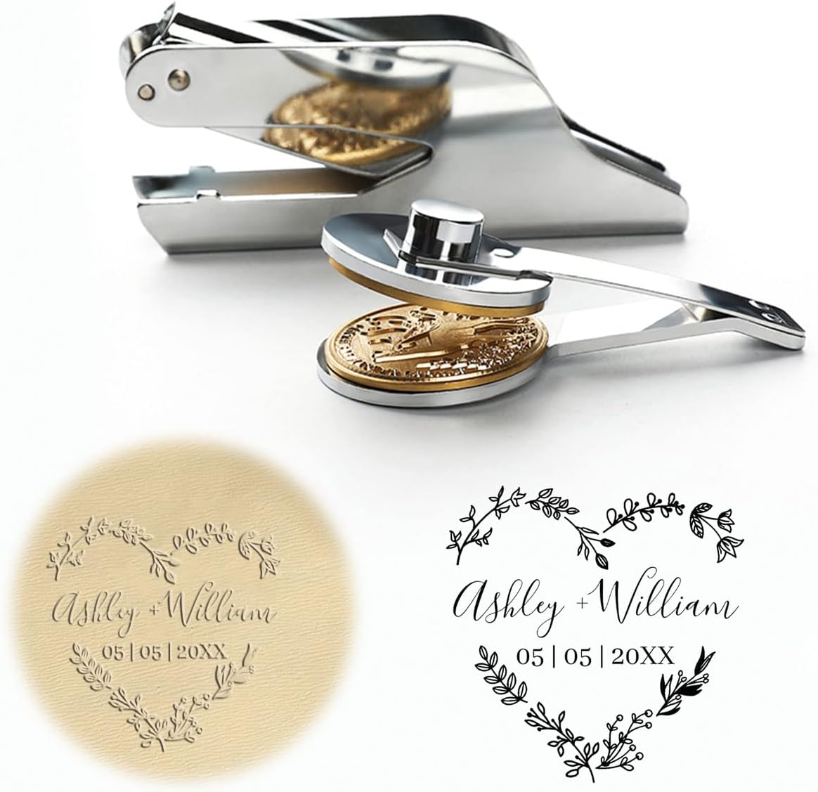 Embosseur personnalisé pour livres d'or et souvenirs de mariage, design cœur de fleurs sauvages 3