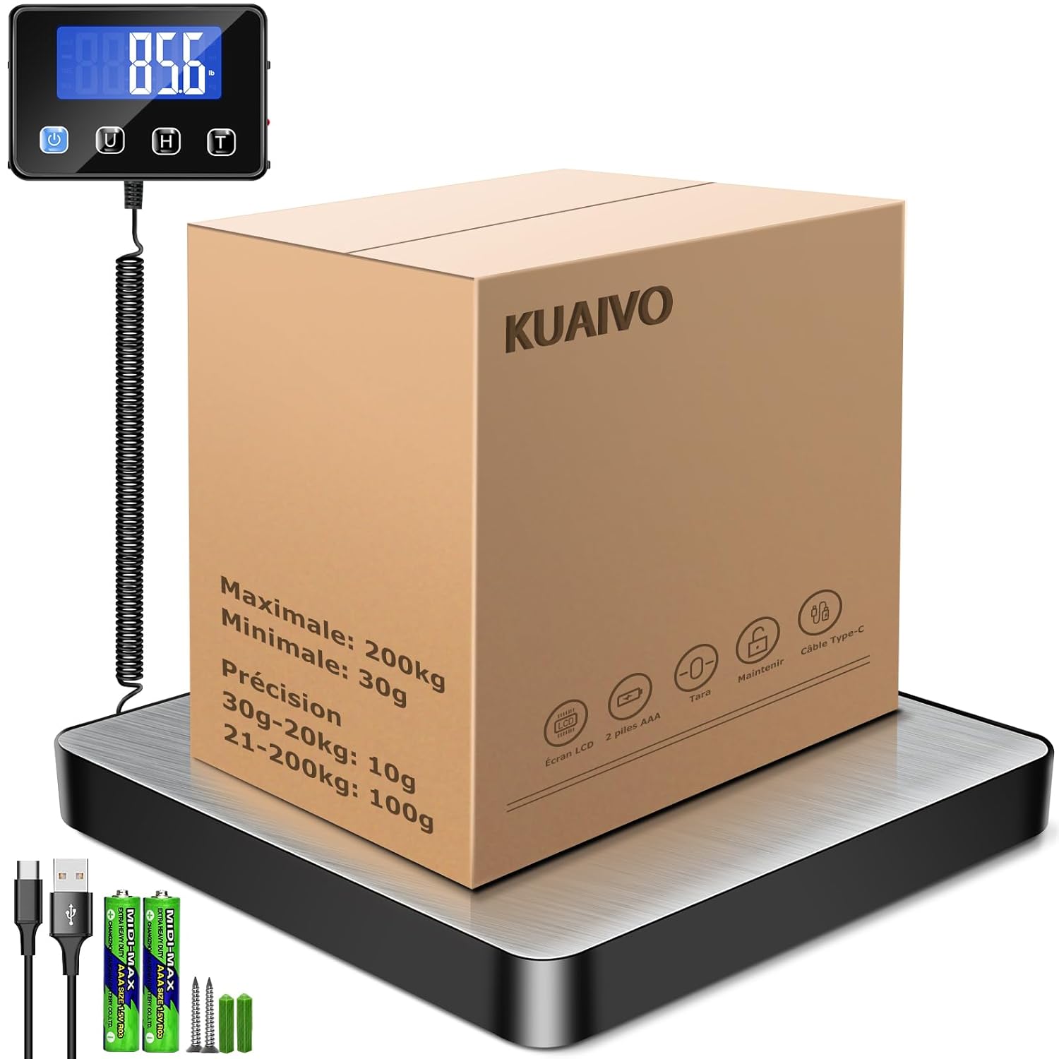 KUAIVO Balance Colis Numérique de 200kg/10g avec Fonction Hold/Tare, Pese Colis avec Écran Lcd Externe, Balance Professionnelle pour Industrielle, Petite Entreprise, Bagages, Bureau, Voyage P2H-1
