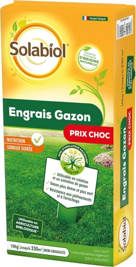 Engrais Gazon Longue Durée - Sac 10 Kg - Jusqu'à 330m² - Utilisable En Création & En Entretien De Gazon - Résiste Au Piétinement - Gazon Plus Dense & Plus Vert SOGAZY10B 10kg - 330m²