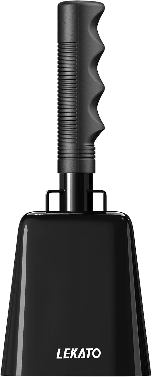 Cloche de vache en acier avec poignée, LEKATO 20,5 cm Cloche de vache pour événements sportifs, cloche de main pour les jeux de football fête concert remise des diplômes école ranch de ferme (noir)