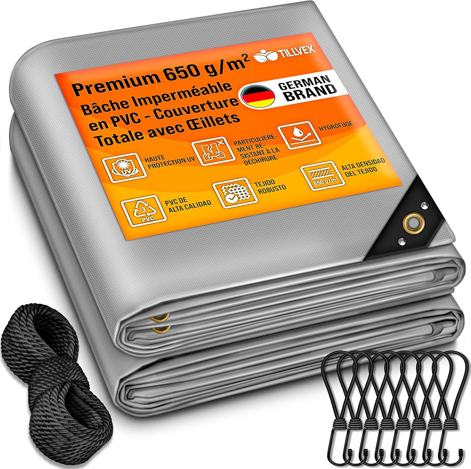Tillvex® Bâche de Protection avec Oeillets + 10 Crochets et Corde de 15 m - Bâche en Tissu 650 g/m² imperméable et indéchirable - Bâche PVC Universelle Exterieur, Camion, Piscine, Meubles de Jardin Gris 2x3 m