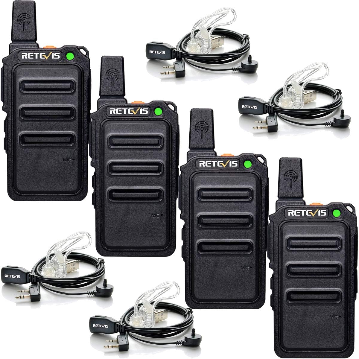 RT619 Talkie Walkie, Mini Talkie Walkie Professionnel, PMR446 sans Licence, VOX, 1300mAh Talkie-Walkie Rechargeable avec Casques pour Famille, Restaurants (4 Pcs, Noir) Avec oreillette