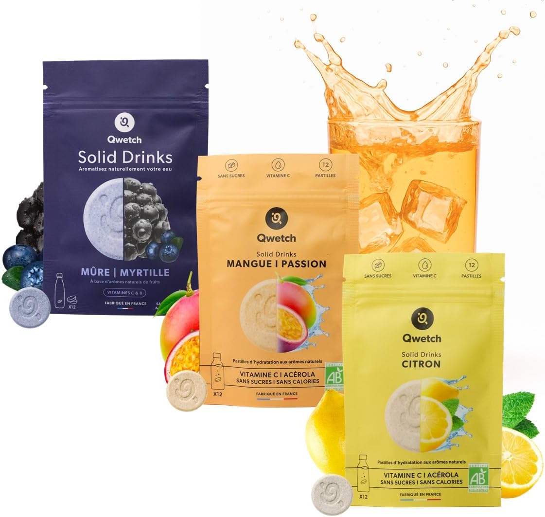 SOLID DRINKS BIO – 36 Pastilles d'hydratation avec Vitamines C&B – Boisson Sans Sucres, Sans Calories – Saveurs Citron, Mangue&Passion, Mûre&Myrtille – Vegan, Fabriqué en France