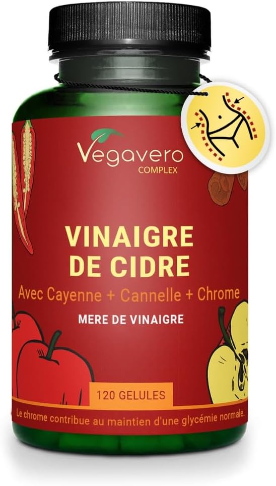Complexe Vinaigre de Cidre 1950mg - Avec Chrome, Cannelle, Gingembre et Piment de Cayenne - Glycémie + Keto - 120 Gélules - Sans Additifs & Vegan - Vegavero®