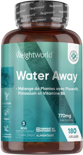 Retention d'Eau Drainant Puissant & Naturel-180 Gélules Vegan (3 Mois) - Diurétique Avec 11 Ingrédients : Pissenlit, Thé Vert, Vinaigre de Cidre, Potassium, Vitamine B6, Canneberge - Water Away Detox