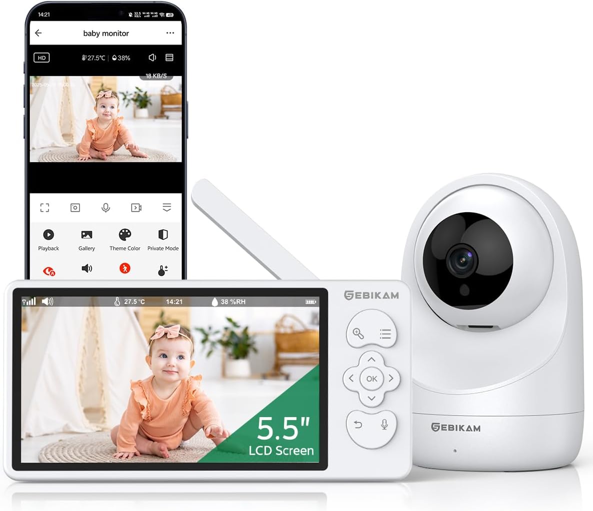 Babyphone avec Caméra et Application 5,5 Pouces IPS Écran, Moniteur Bébé Connecté 2K/3MP, Détection de Mouvement et Son, WiFi, Vision Nocturne, Audio Bidirectionnel, Batterie 4000mAh