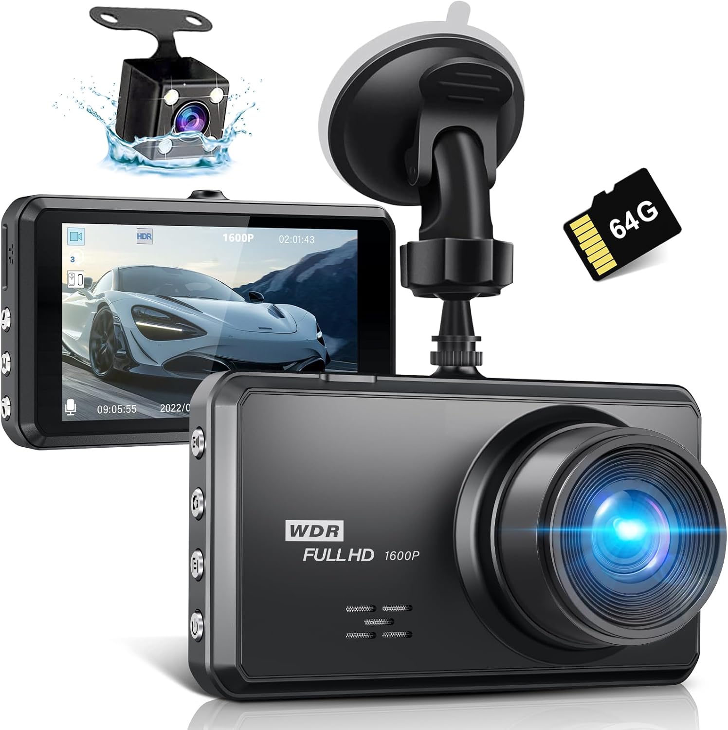 Miden S7 2.5K Dashcam Voiture Avant Arrière,Carte SD 64G,Camera Embarquée Voiture 1600P+1080P FHD,IPS 3.2" Camera Voiture Grand Angle de 336 °,G-Capteur,WDR,24H Mode Parking,Enregistrement en Boucle Deux Canaux