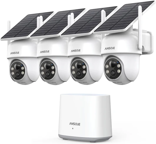 ANSQUE 2K Camera Surveillance WiFi Exterieure sans Fil Solaire à Batterie, Kit 4 Caméras avec Homebase, Zéro Frais, PTZ 360°, Suivi Automatique, Vision Nocturne en Couleur, Alarme Lumineuse Sonore Kit-4-Caméra