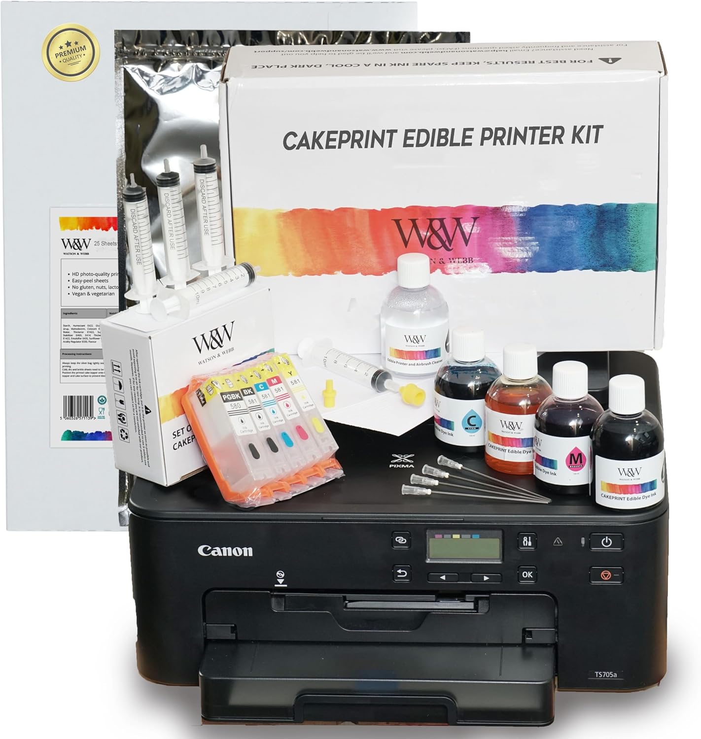 Imprimante comestible, 20 feuilles de glaçage, 25 feuilles de papier gaufrette, 4 cartouches d'encre et kit de nettoyage.