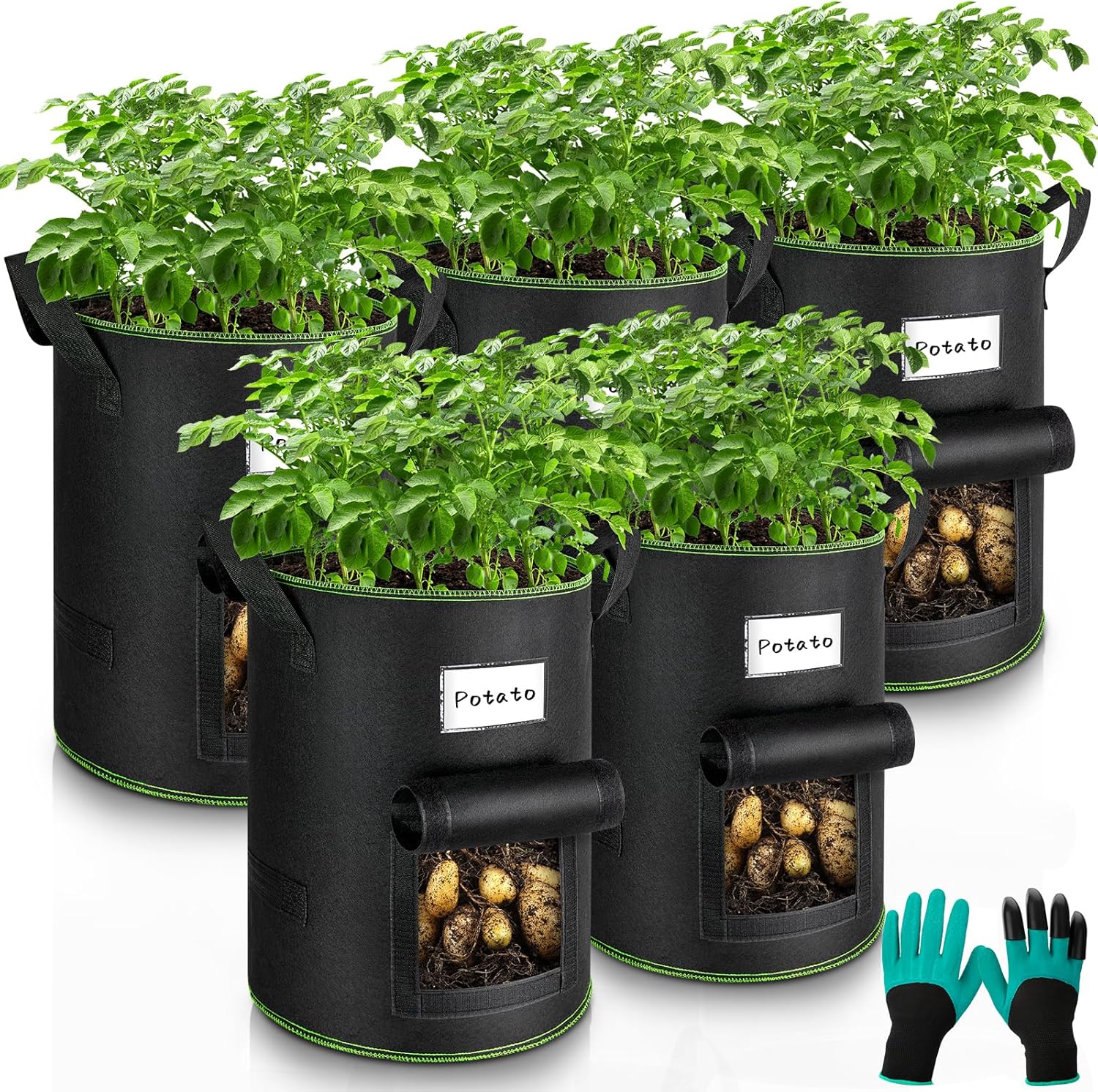 Enbagold 5 Sac Plantation Pomme de Terre avec Gants de Jardinage, 40L Sac de Plantation Non Tissé, Sac Culture Pomme de Terre avec Poignées et Fenêtre, Pots pour Tomates, Carottes, Fraises, Légumes 40L avec Gants de Jardinage