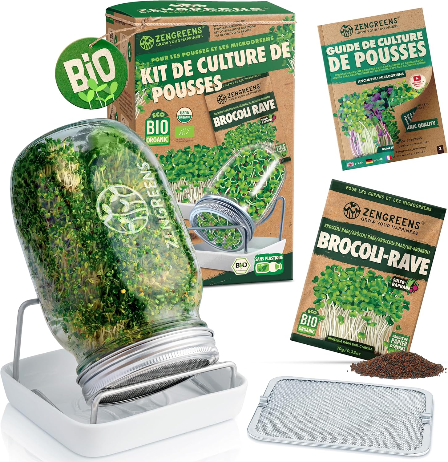 Zengreens® Kit de germoir pour graines à germer Bio – Lot de 1 Bocal à pousses – Comprend bocaux à germes, Plateau de Germination et semences – Contient Guide et vidéo-Cours de Culture Set de 1