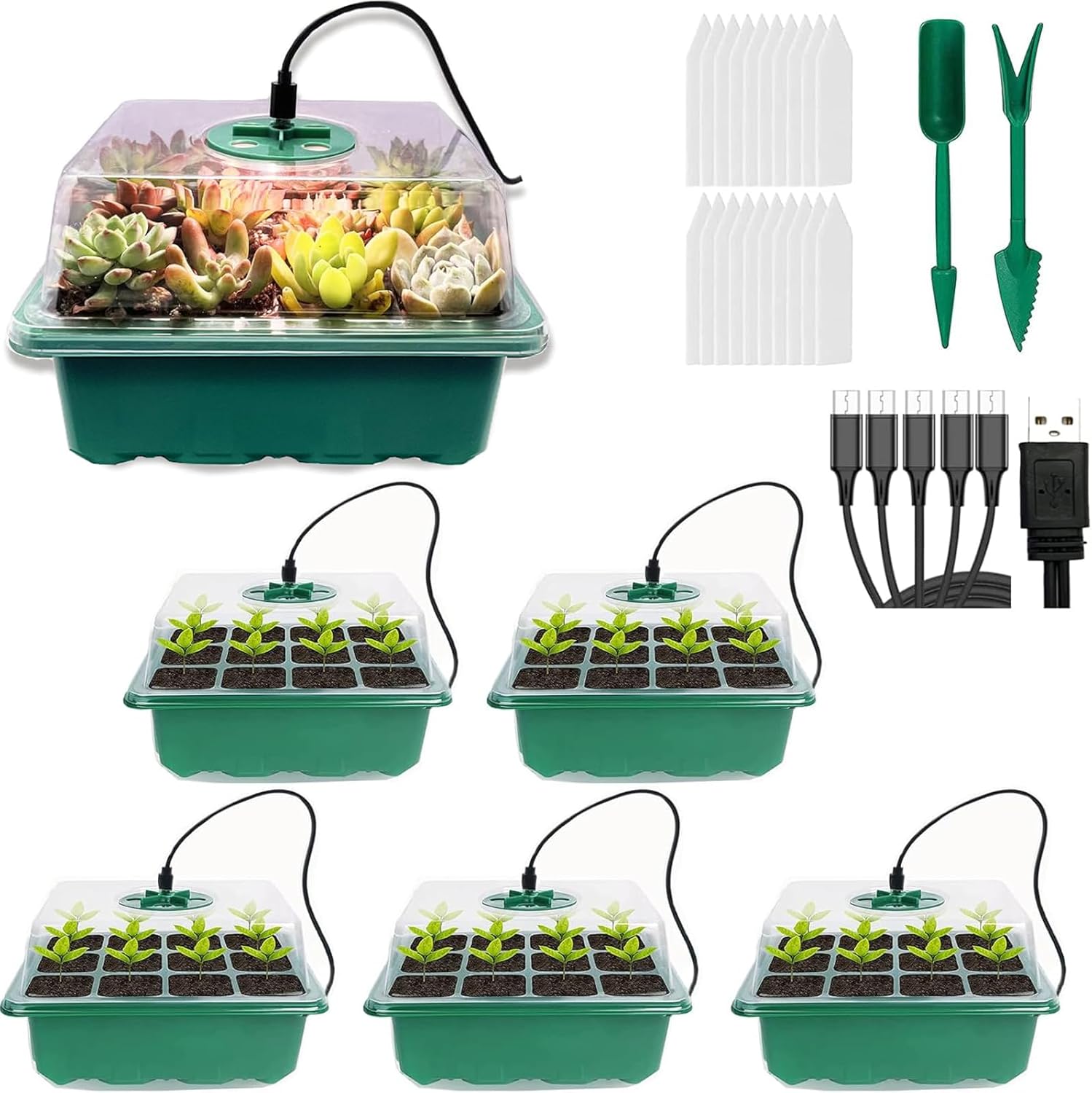 VDYXEW Lot de 5 propagateurs avec lumières, plateaux de semences, plateaux de semences avec couvercles, mini kit de propagation de serre pour la croissance de la germination 5 Lampes