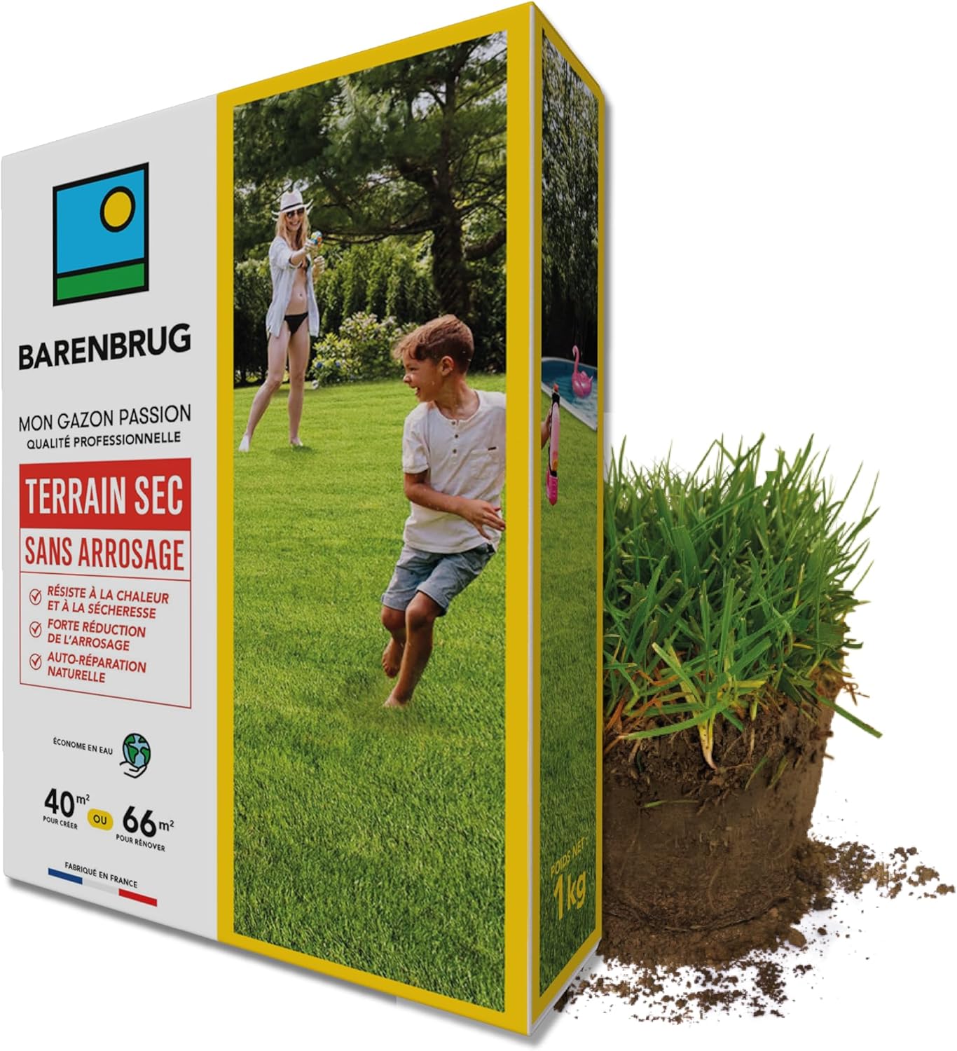 Gazon Terrain Sec sans arrosage - Résiste à la Chaleur et à la Sécheresse - Forte Réduction de l’Arrosage - Autoréparation Naturelle - Économe en Eau - Fabriqué en France - 1KG 40m2 - 1 Kg