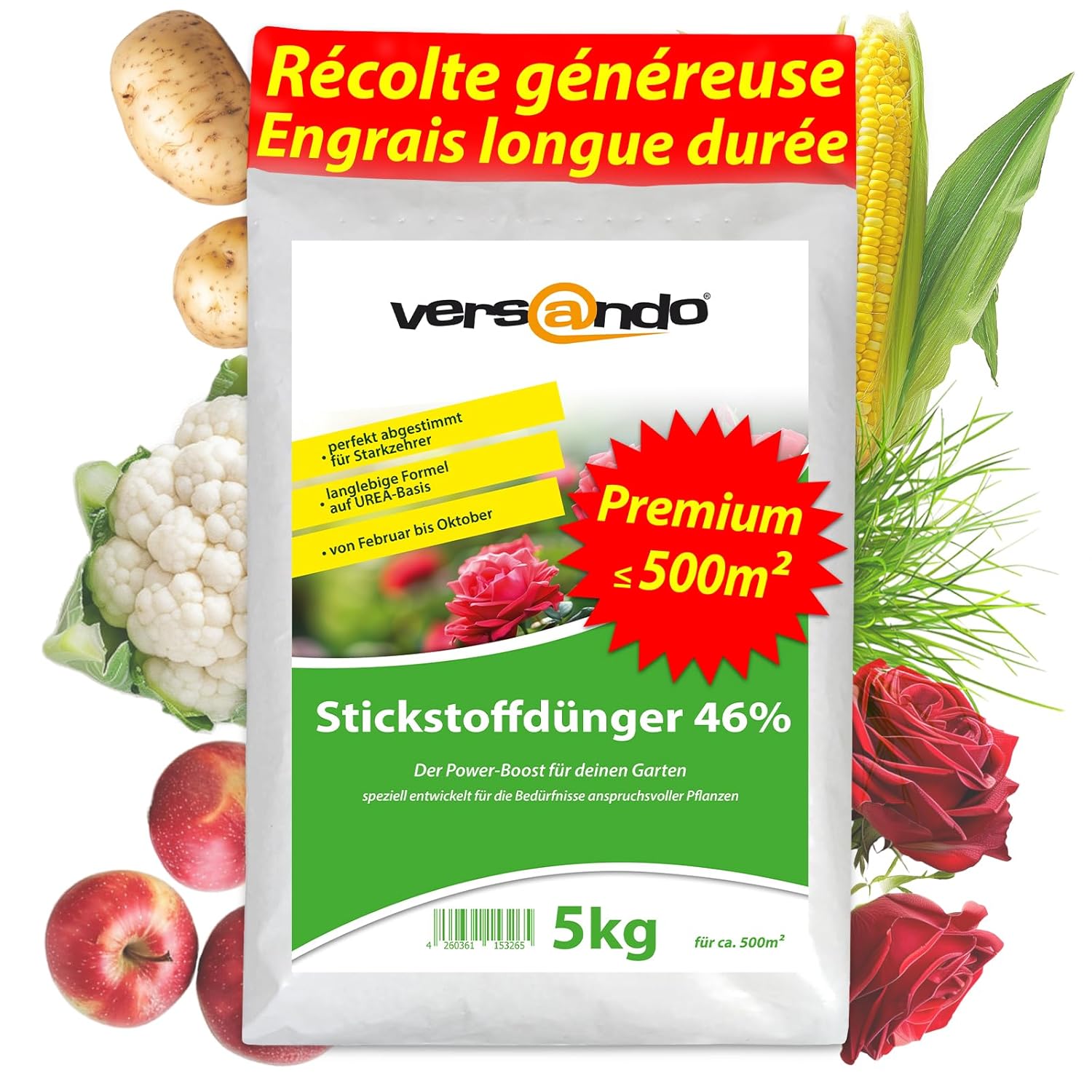 Versando 5kg d'engrais azoté jusqu'à 500m² : 46% d'azote UREA pour gazon, légumes, fleurs du printemps à l'automne, favorise une croissance luxuriante du feuillage avec un effet longue durée 5kg Engrais azoté UREA