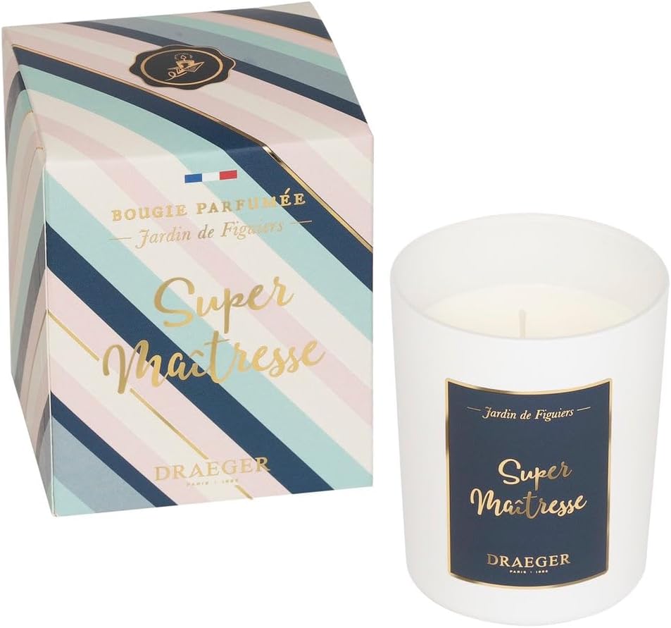 DRAEGER PARIS - Bougie Cadeau blanche Parfumée Jardin de figuiers - Idée Cadeau fin d'année, école, maternelle, remerciement - Made in France - 100% Cire Végétale - 40h de combustion Super maitresse