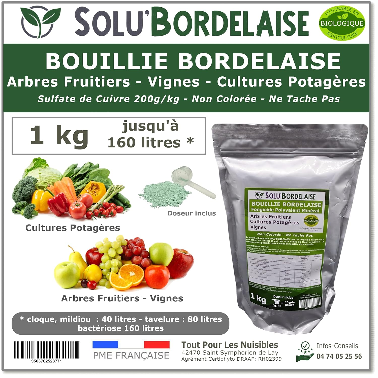 Solu'Bordelaise - 1 kg - Bouillie Bordelaise Non Colorée - Fongicide Polyvalent Sulfate de Cuivre - Protection Arbres Fruitiers, Cultures Potagères, Vignes - Utilisable en Agriculture Biologique