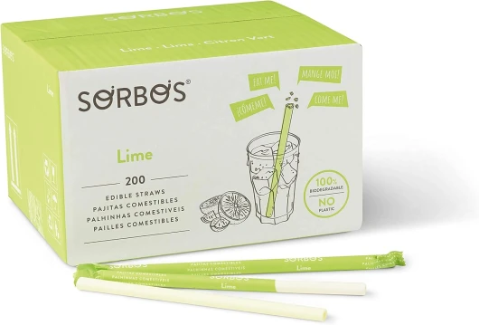 Sorbos - Pailles comestibles saveurs citron vert - Durable, emballé individuellement, sans allergène, sans gluten, 100% biodégradable (lot de 200)
