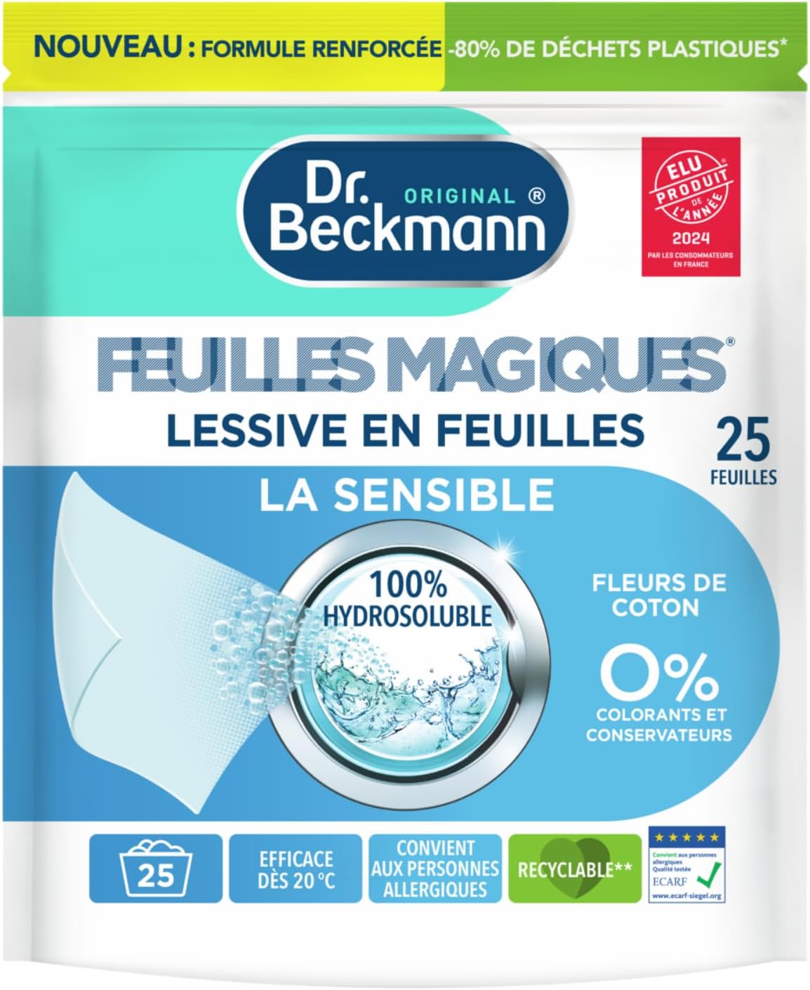 Dr - Beckmann - Lessive en feuilles La Sensible - Feuilles Magiques - Désinfectant Linge Format Pré-Dosé, Pratique et Léger - 100% Hydrosoluble - Produit Ménager Maison Facile à Utiliser - 25 Feuilles 25 Unité (Lot de 1)