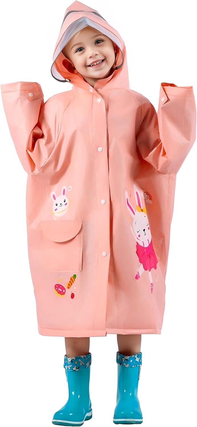 Imperméables pour Enfants Garçons Filles, EVA Poncho de Pluie Léger Réutilisable Vestes de Pluie Dessin Animé Mignon, Vêtements de pluie Avec Sac de Rangement 1-12 Ans, S M L XL 1-2 ans Rose-Lapin