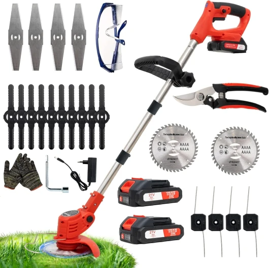 Débroussailleuse Electrique sans Fil 21V, avec 2 pièces Batterie et 4 Types de Lames Débroussailleuse à Gazon sans balais,légères et à Faible Bruit,pour Jardin Élagage,Pelouses et Terres Agricoles