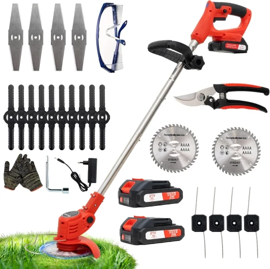 Debroussailleuse Electrique sans Fil, Débroussailleuse à Gazon Pliable avec 2 Batteries et 4 Types de Lames, Poignée réglable, Coupe Bordures pour la Coupe de Jardin, Pelouses et Terres Agricoles