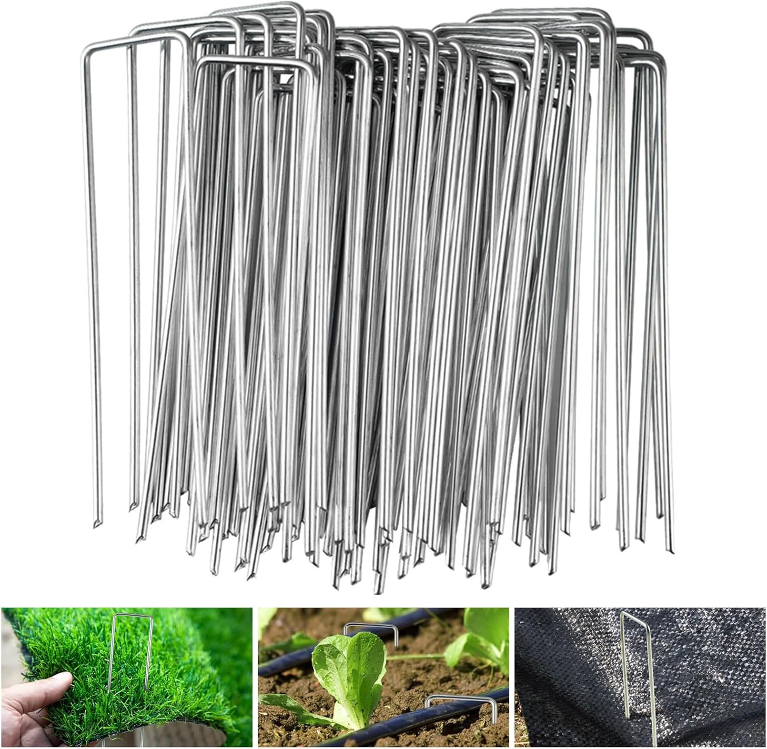 Lot de 50 Piquets de Fixation pour Jardin - 150x36mm Ø 3mm Piquets de Fixation en Acier Galvanisé Forme de U pour Toiles de Paillages, Grillage et Filets 150x36mm - 50 Piquets