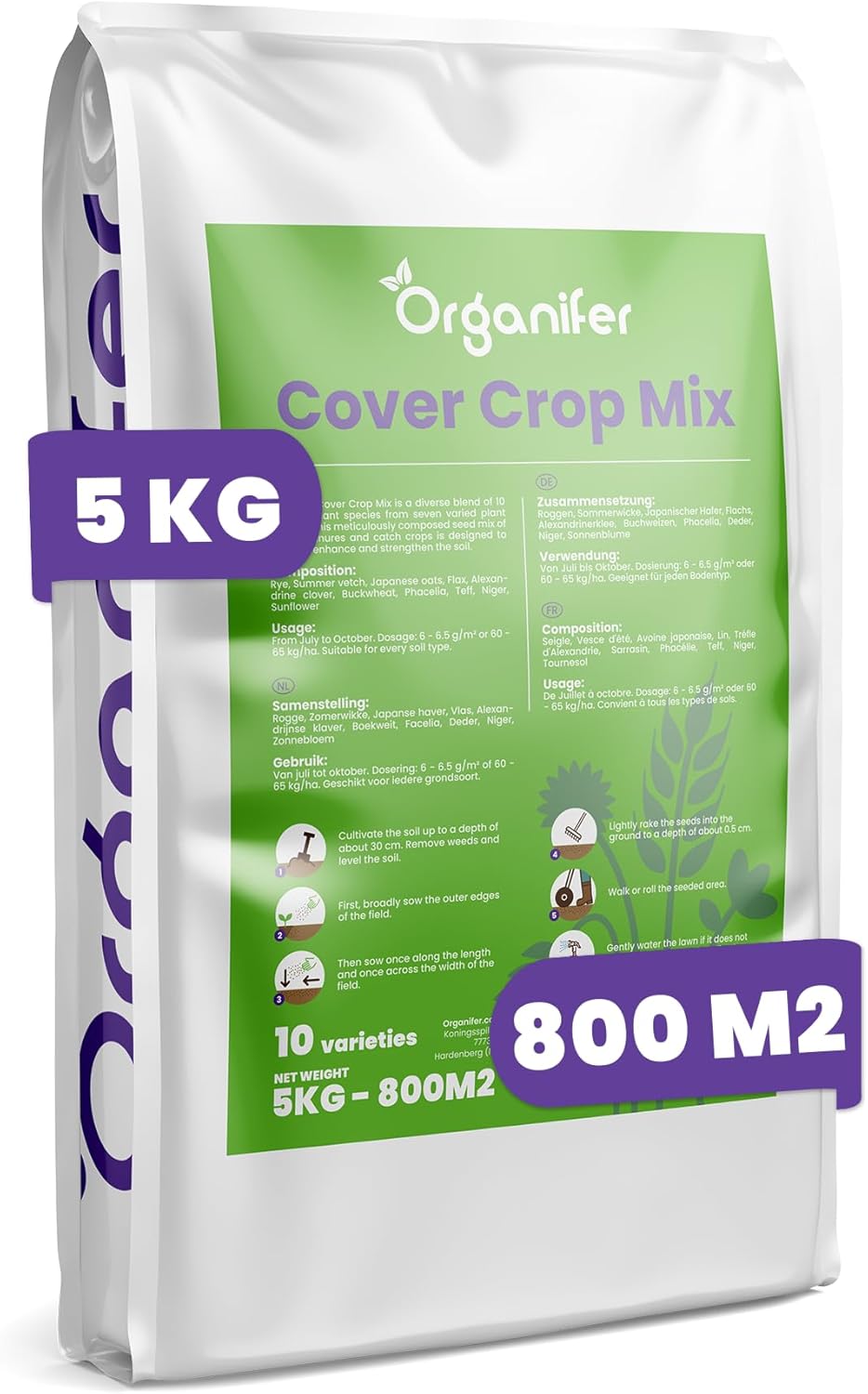 Engrais Vert - Mélange De Graines 10 Variétés (5 Kg - 800 M2) - Amendement De Sol - Contient Du Niger - Seigle D'Hiver - Graines De Phacélie - Engrais Vert - Avoine Japonaise - Organifer