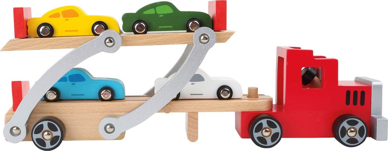 Camion transport de voitures en bois avec rampe, jouet pour enfants avec remorque amovible et 4 voitures de couleur, à partir de 3 ans Moderne