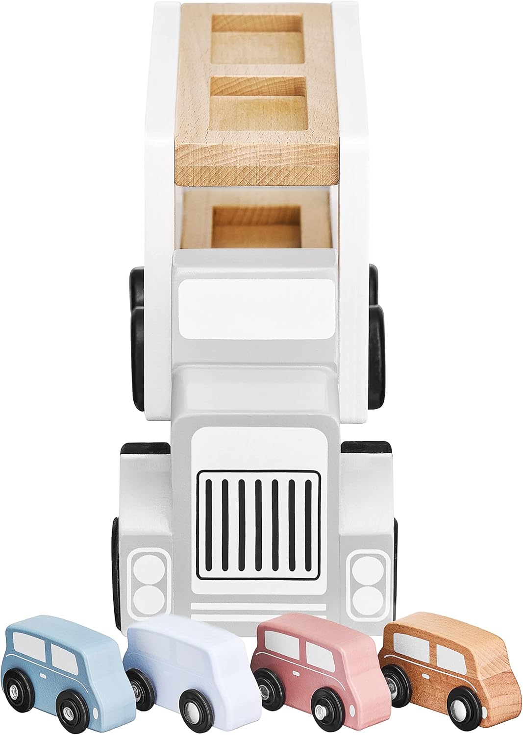 Camion Transporteur de Voitures en Bois avec 4 Véhicules - Jouet Éducatif avec Pont ÉLévateur et Remorque - pour Enfants 3-5 Ans - Dimensions 33 x 13,5 x 8,5 cm