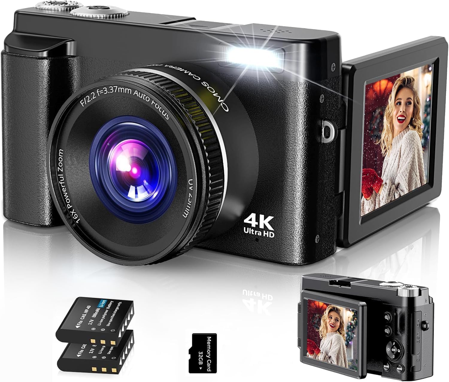 Appareil Photo Numérique 4K, Appareil Photo Compact 48MP, Appareil Photo vlogging avec Écran Rabattable 180°, Zoom Numérique 16X 2 Batteries, Carte 32 GB pour Débutants, Enfants Black