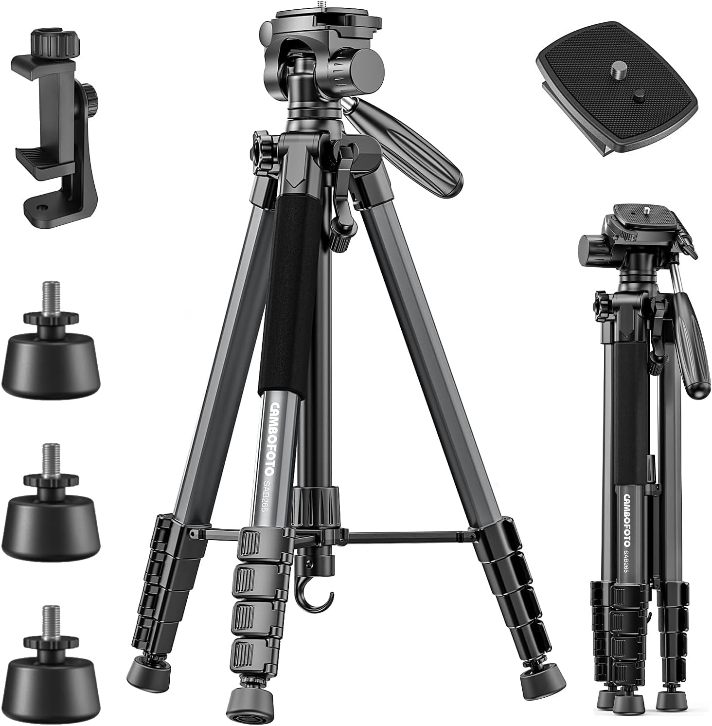 Trépied Compact pour Appareil Photo 188 cm, Tête Panoramique 360° - Léger (1.4 kg) et Stable, Design Pliable avec Sac de Transport, Compatible DSLR/Smartphone/Caméra Vidéo (Noir) SAB265 188cm black