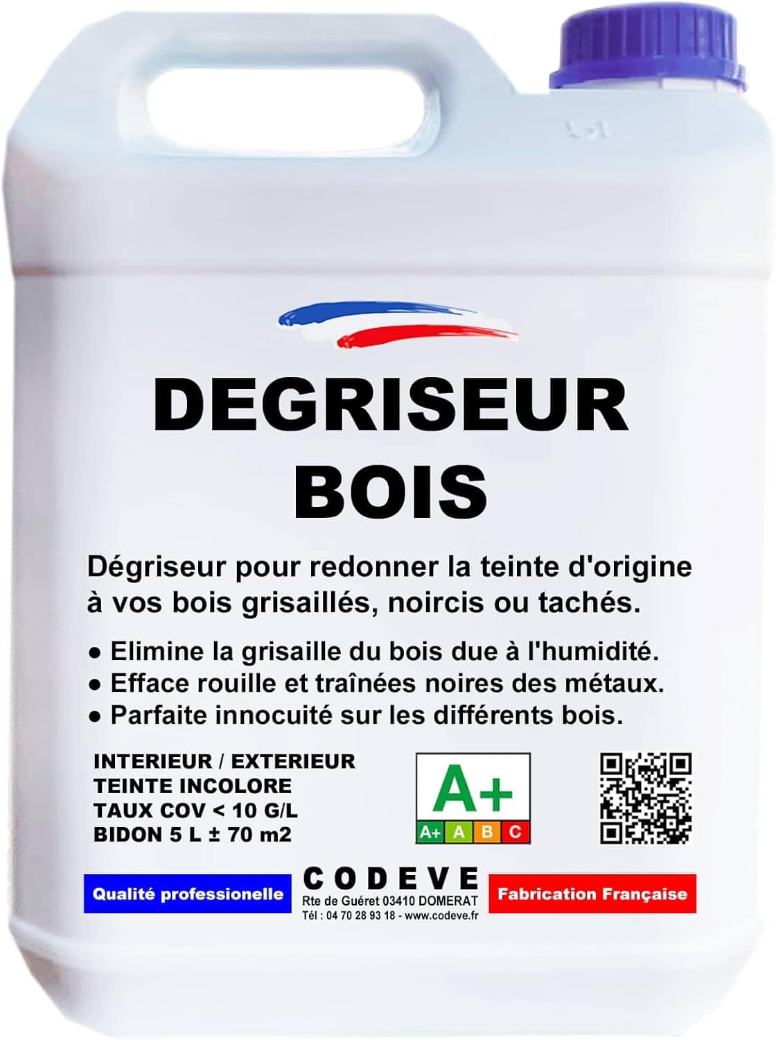 Degriseur Bois - Codeve Bois - 4x5 L - Intérieur/extérieur - Pour Dégriser Un Bois Grisaillé, Noirci, Bruni Ou Taché Par L'humidité - 20 L