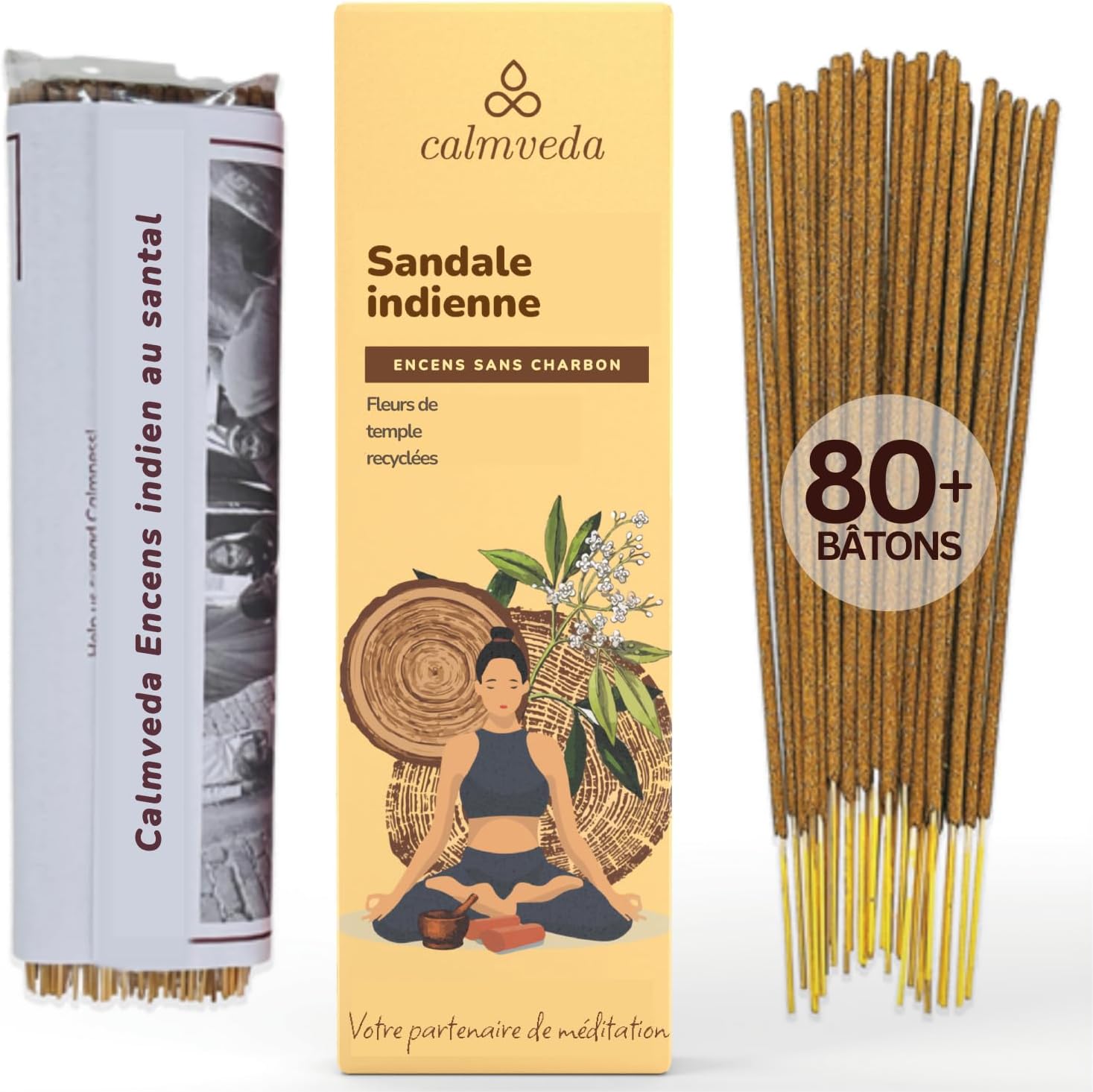 Baton Encens Bois de Santal - (80 batonnets encens Naturel) Batonnets d'encens Naturel sans Charbon, Fabriqués À Partir Fleurs Recyclées - Brule Non Toxiques - Utilisation pour Détente Encens Indien au Bois de Santal