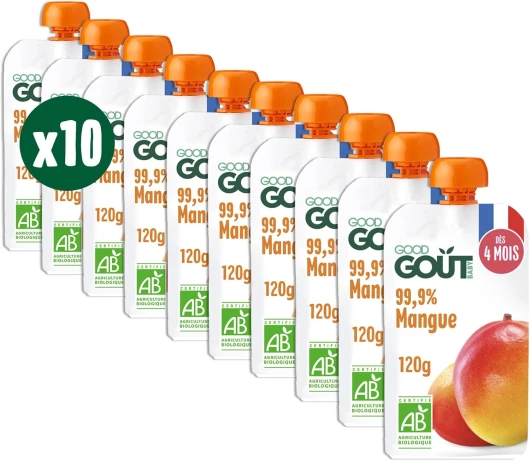 GOOD GOÛT - Gourdes Mangue - Purée Bébé - Dès 4 Mois - 99,9% Mangue - 100% Bio - Sans Sucres Ajoutés* - Fabriqué En France - 10x120g
