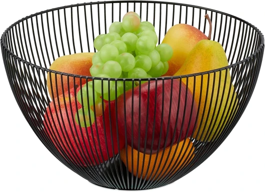 Corbeille à Fruits et légumes, en métal (Fer), Ronde, Panier au Design Moderne, H x D : 14 x 25 cm, Noire