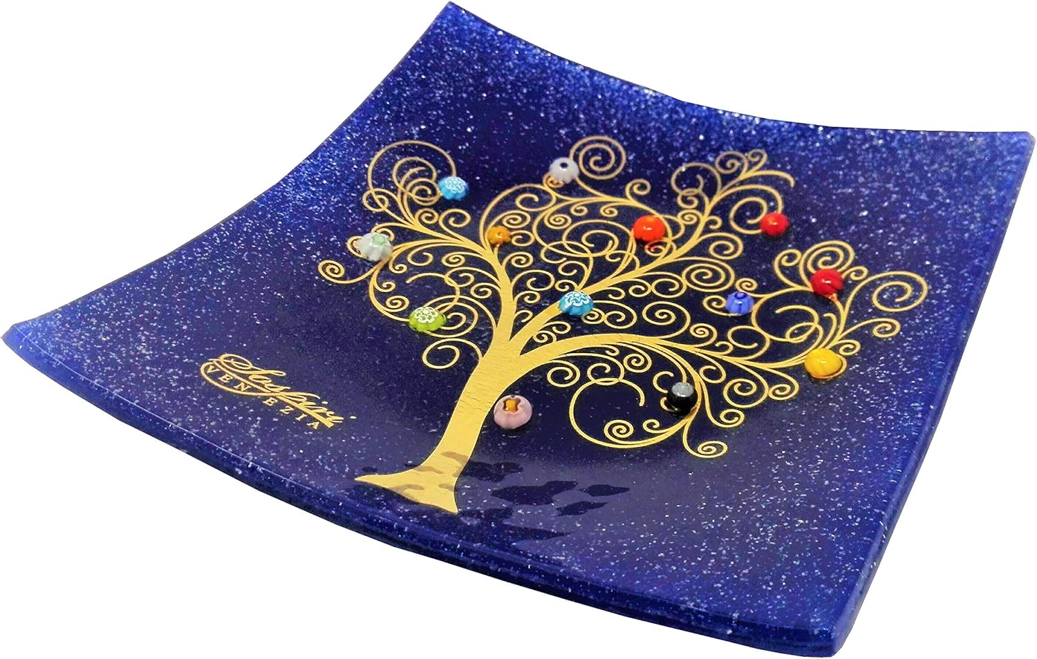 Plateau pour Objets Personnels Arbre de Vie en Verre de Murano avec Murrines et Or Idée de Cadeau Plateau Décoratif Fabriqué en Italie Organisateur de Table Décoratif Souvenirs (14x14 cm) - 14x14 cm Bleu