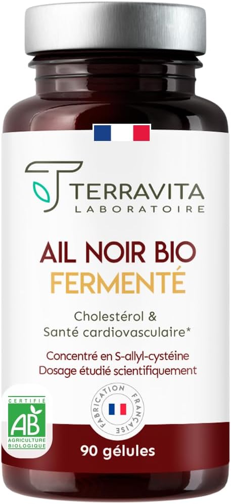 AIL NOIR Fermenté BIO - Extrait titré en S-Allyl-Cystéine - 250 mg par Gélule - Lutte contre les Lipides Sanguins - Santé Cardiaque - Circulation - 90 Gélules sans Goût - Made in France - Terravita