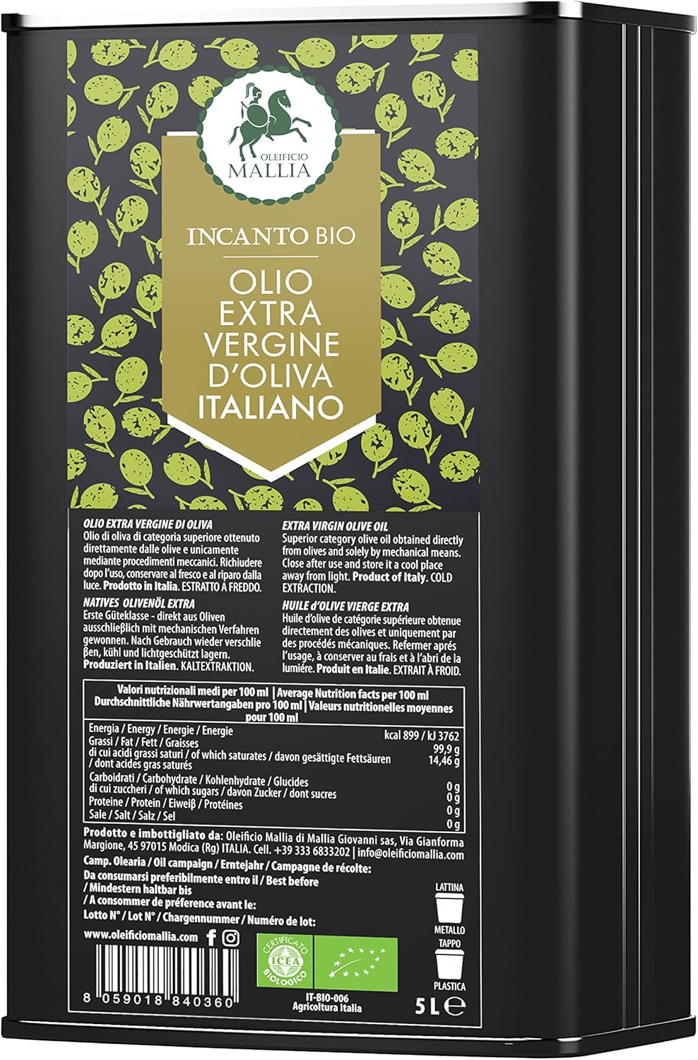 Oleificio Mallia Huile d'Olive Bio - Bidon de 5 Litres d'Huile d'Olive Vierge Biologique, Pression à Froid - Olives d'Origine Italienne - Idéale pour Cuire et Assaisonner tous Types d'Aliments - 5L