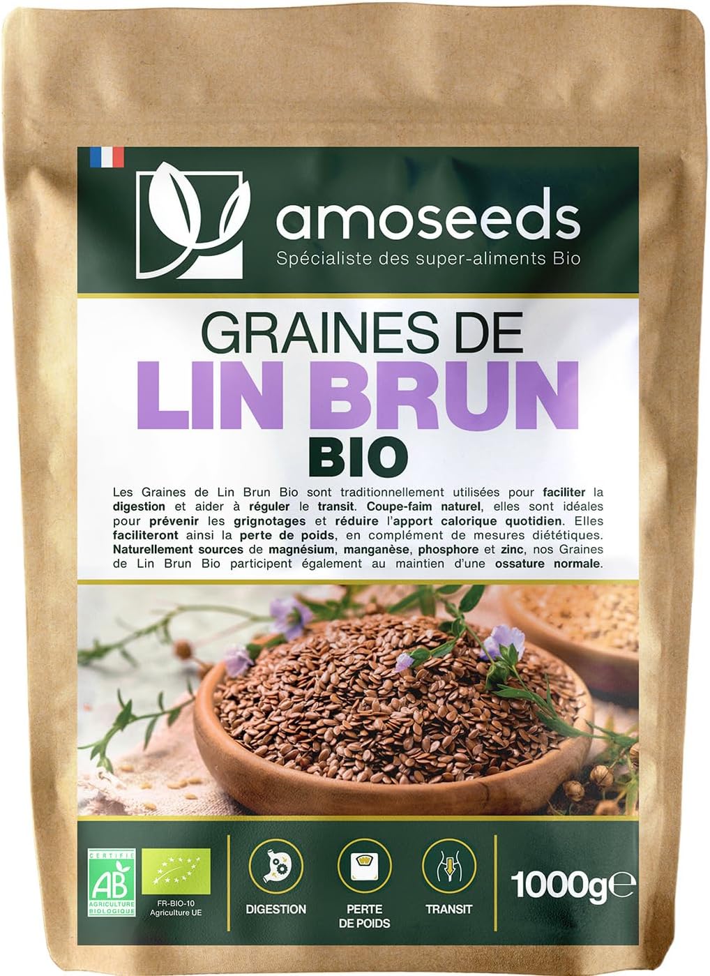 Graines de Lin Brun Bio 1KG - Entières, Sans Gluten, Sources d’oméga 3 - Qualité Supérieure