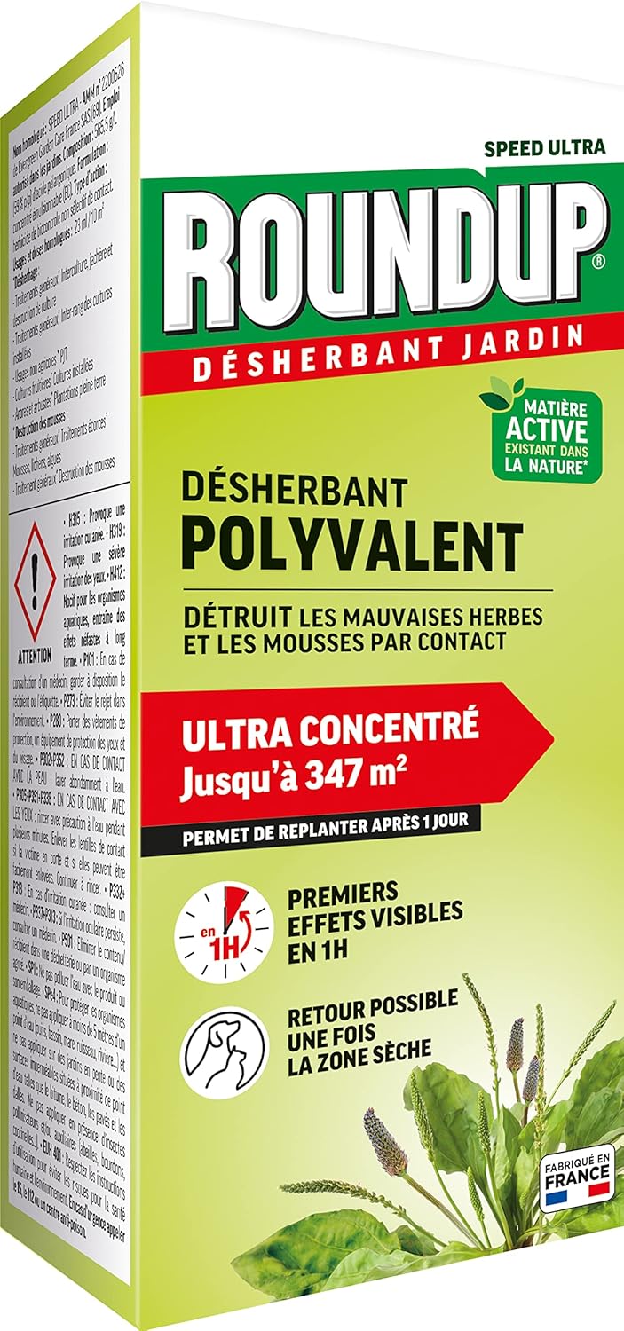 ROUNDUP RMU800N - Désherbant Jardin Action 2 en 1 Polyvalent 800 ml - Premiers effets visibles en 1h - Elimine mauvaises herbes et mousses par contact - Produit à base d'acide pélargonique - 347 m²
