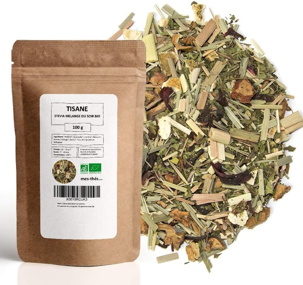 Tisane Bio Mélange du soir stevia - Sommeil & Relaxation - Tisane en Vrac - 100g (40 tasses) - 100% Agriculture Biologique - Mes-Thés