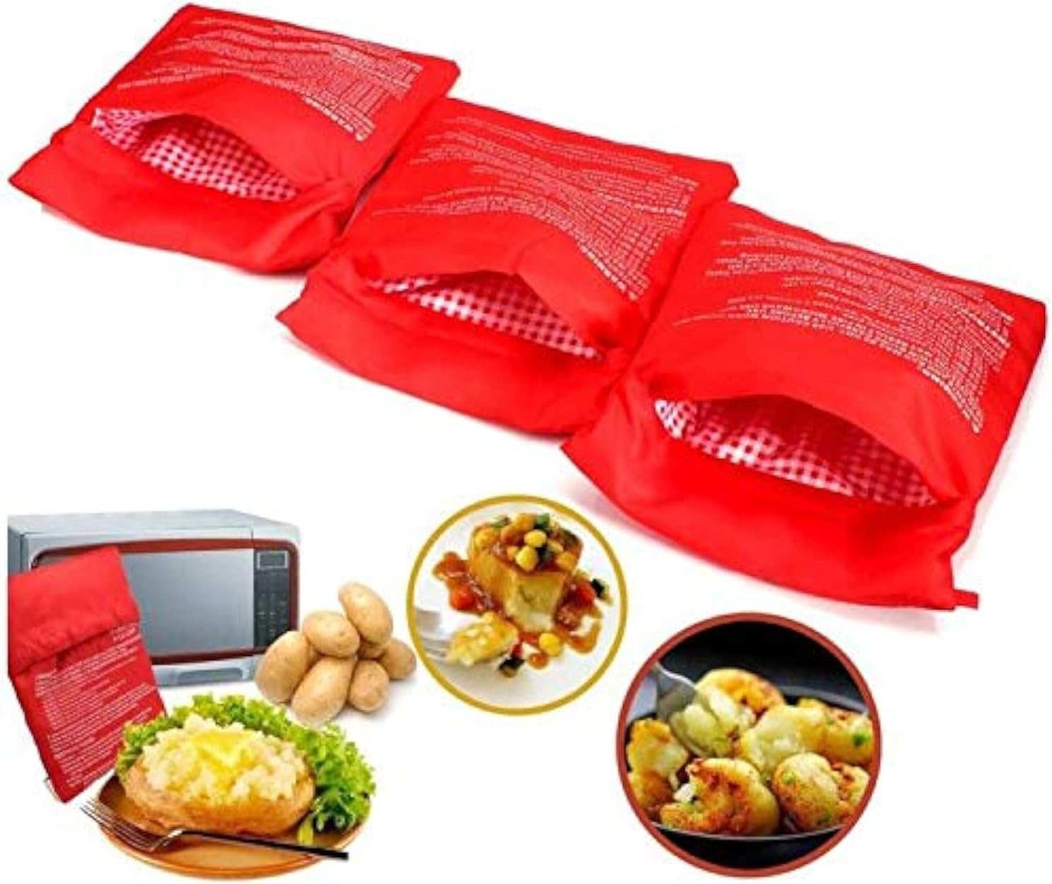 3 PCS Pomme de Terre Poche à Micro-ondes Pomme de Terre Express Pouch Pommes à l'Anglaise Lavable et Réutilisable Le Chauffage ne Prend que 4 Minutes (Rouge)